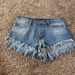 SINCERELY JULES Light Medium Blue Distressed Raw Hem Denim Jean Shorts 13/31